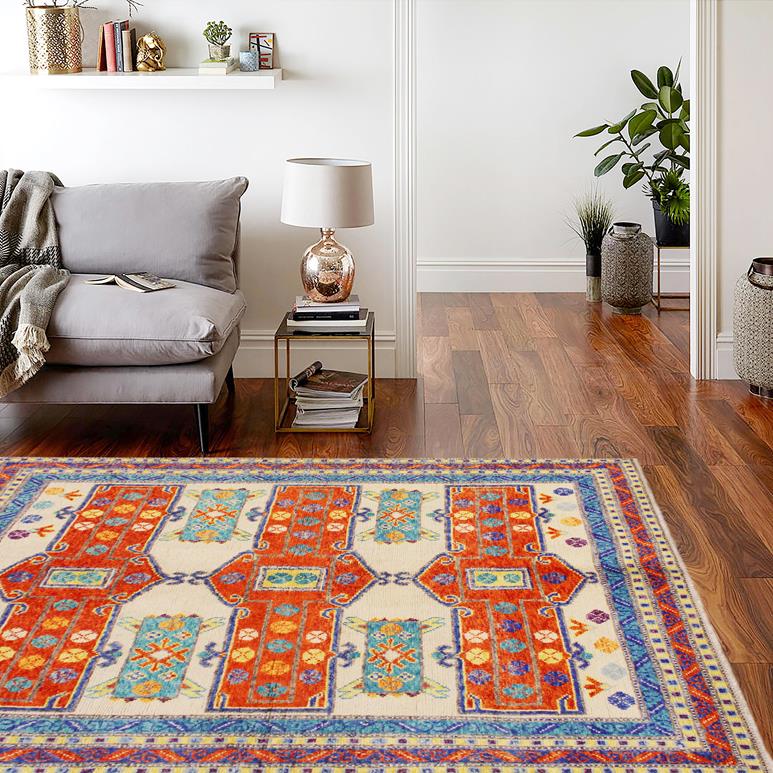 handmade Geometric Balouchi Beige Orange Hand Knotted RECTANGLE 100% WOOL area rug 6x8