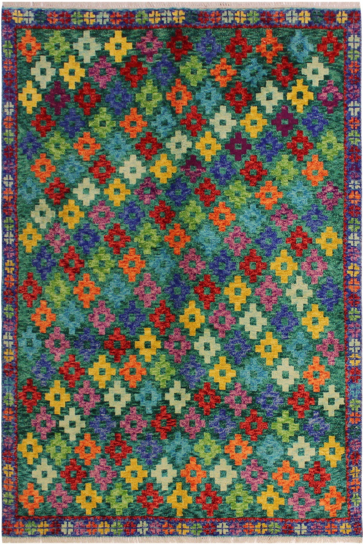 Boho Chic Balochi Alia Green/Blue Wool Rug - 4'10''X6'6''