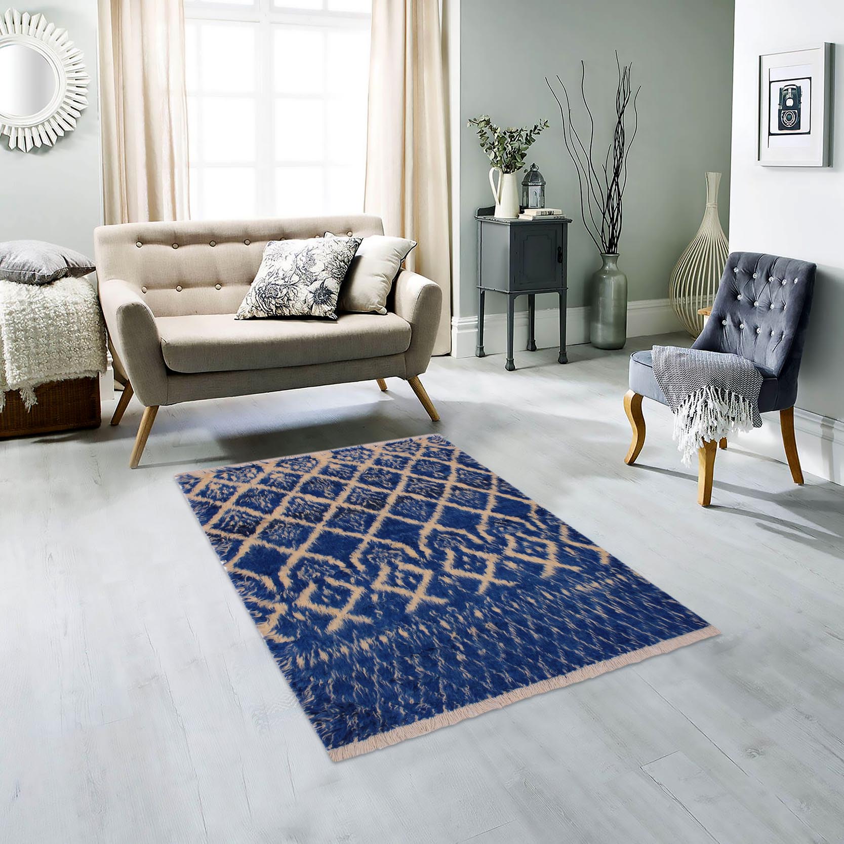 handmade Geometric Moroccan Blue Ivory Hand Knotted RECTANGLE 100% WOOL area rug 4' x 6'