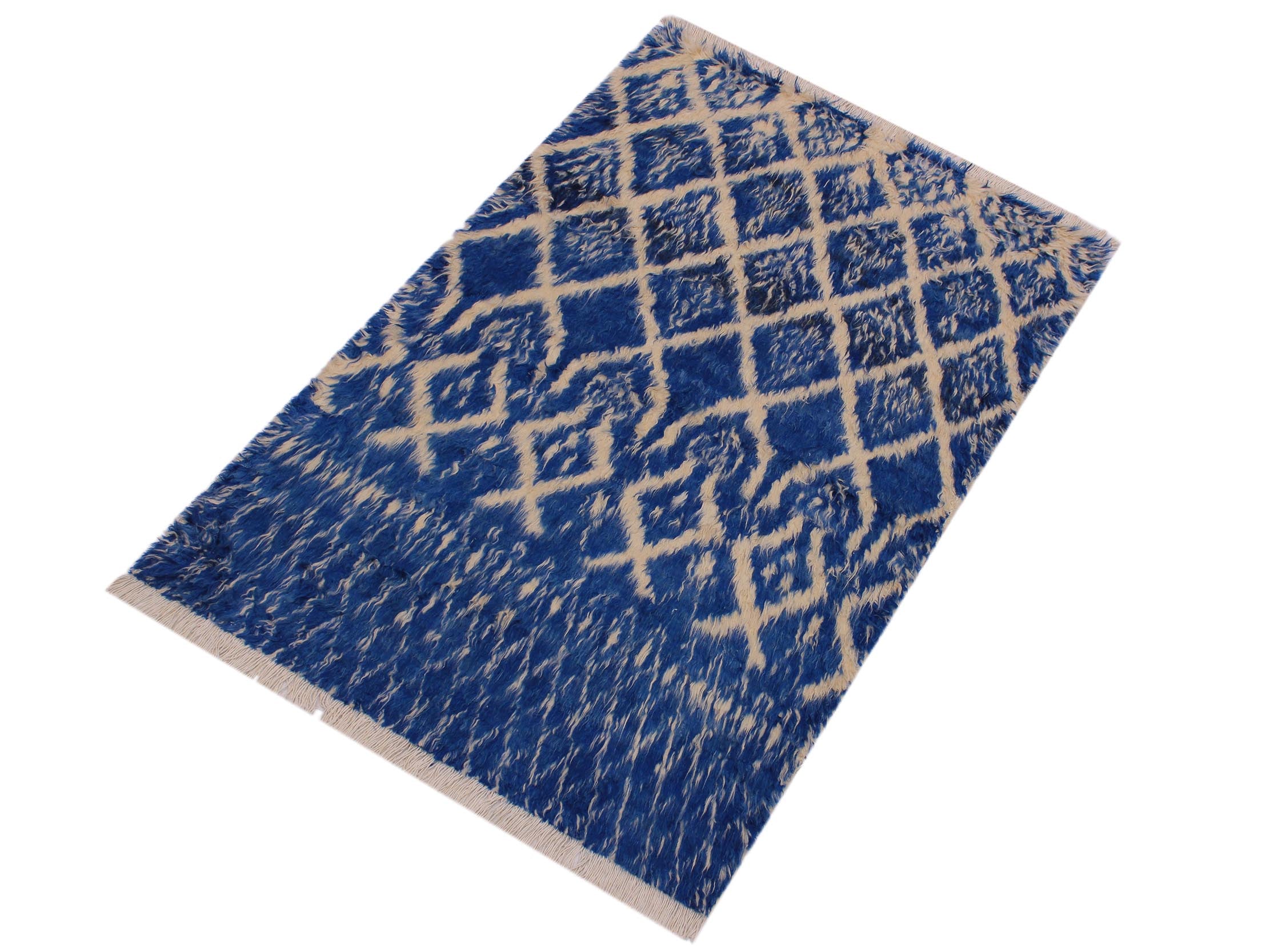 handmade Geometric Moroccan Blue Ivory Hand Knotted RECTANGLE 100% WOOL area rug 4' x 6'