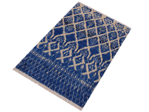 handmade Geometric Moroccan Blue Ivory Hand Knotted RECTANGLE 100% WOOL area rug 4' x 6'