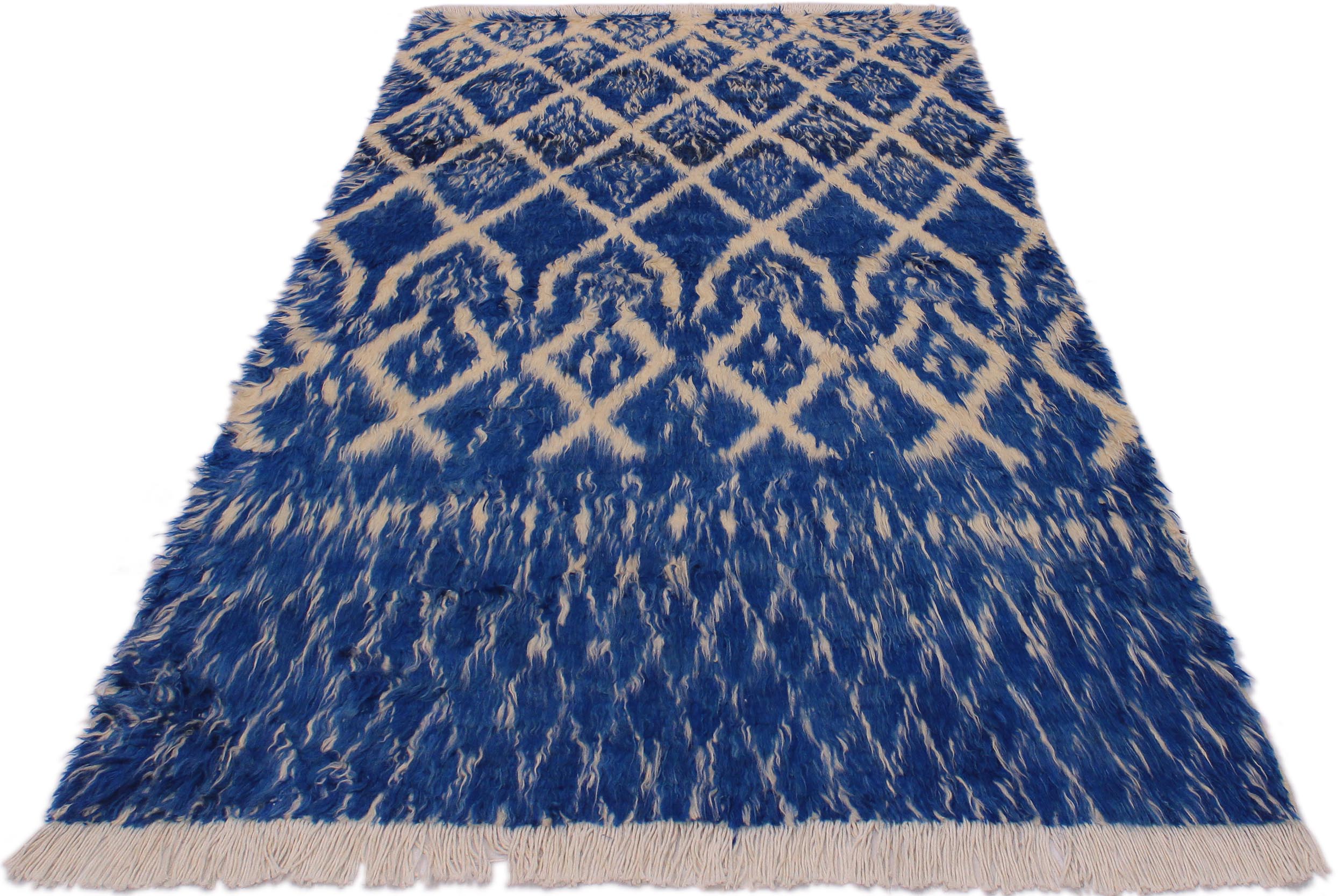 handmade Geometric Moroccan Blue Ivory Hand Knotted RECTANGLE 100% WOOL area rug 4' x 6'