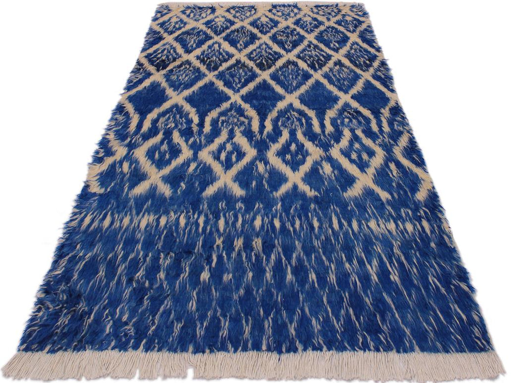 handmade Modern Moroccan Blue Ivory Hand Knotted RECTANGLE 100% WOOL area rug 4x6