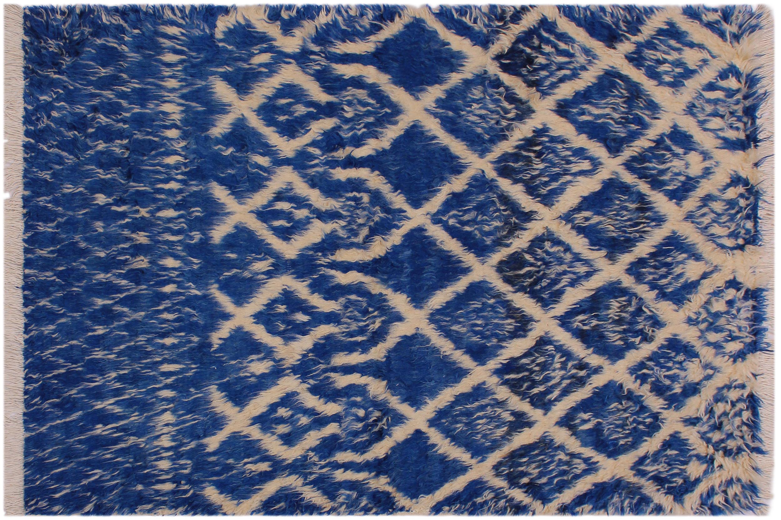 handmade Geometric Moroccan Blue Ivory Hand Knotted RECTANGLE 100% WOOL area rug 4' x 6'