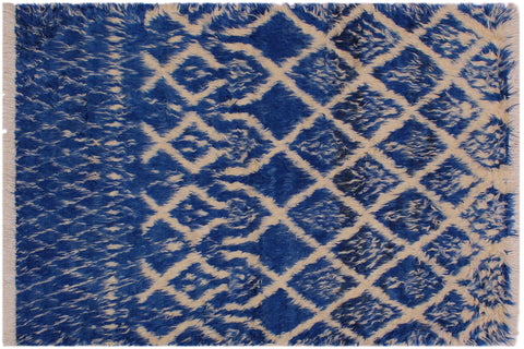 handmade Geometric Moroccan Blue Ivory Hand Knotted RECTANGLE 100% WOOL area rug 4' x 6'