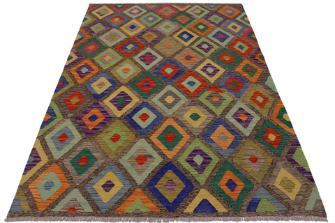 handmade Geometric Kilim Brown Blue Hand-Woven RECTANGLE 100% WOOL area rug 5 x 7
