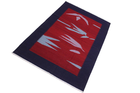 handmade Modern Kilim Blue Red Hand-Woven RECTANGLE 100% WOOL area rug 6x9