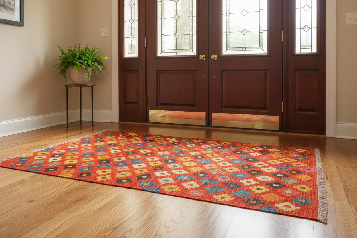 handmade Modern Kilim Rust Beige Hand-Woven RECTANGLE 100% WOOL area rug 4x5