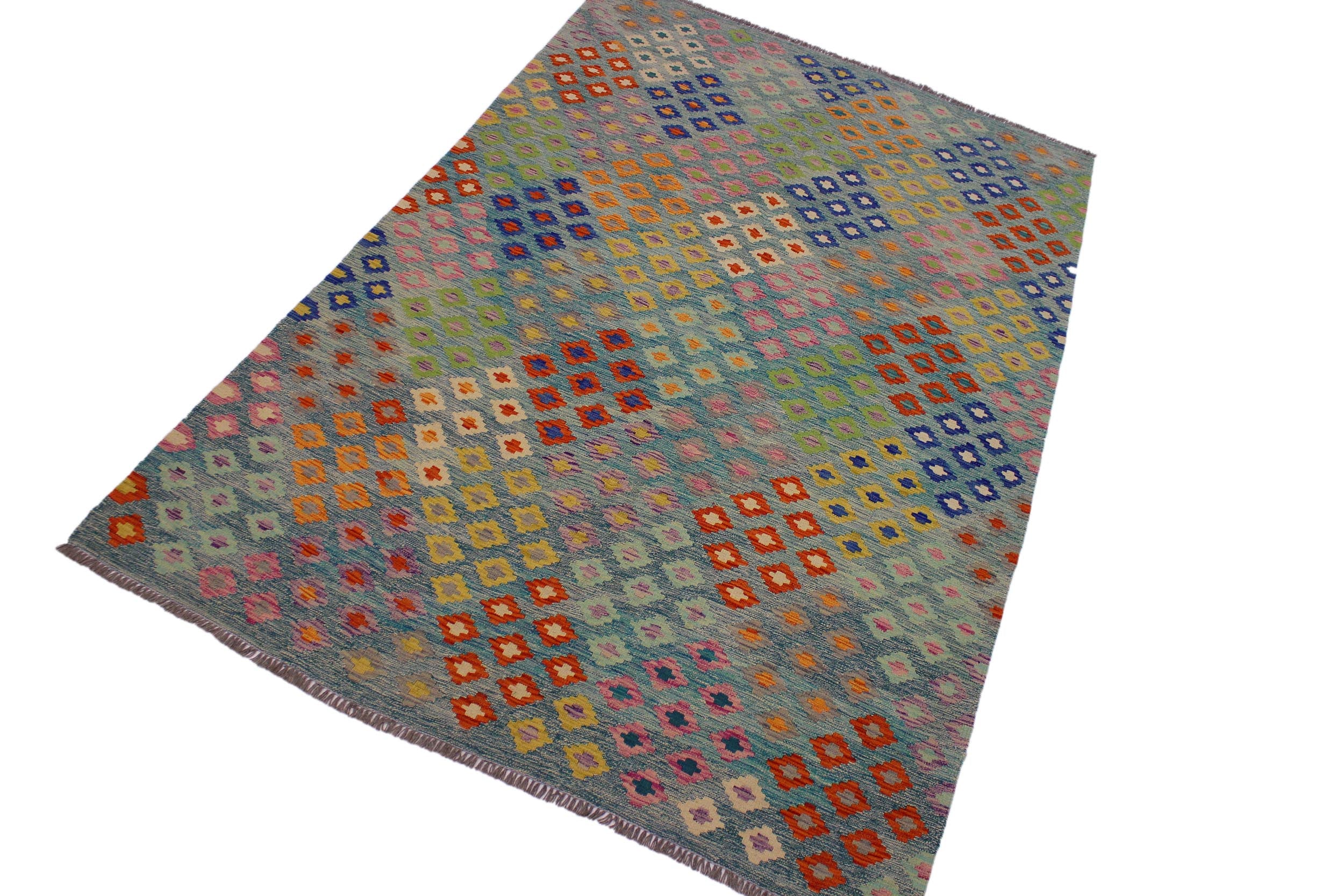 handmade Geometric Kilim Green Orange Hand-Woven RECTANGLE 100% WOOL area rug 7 x 10