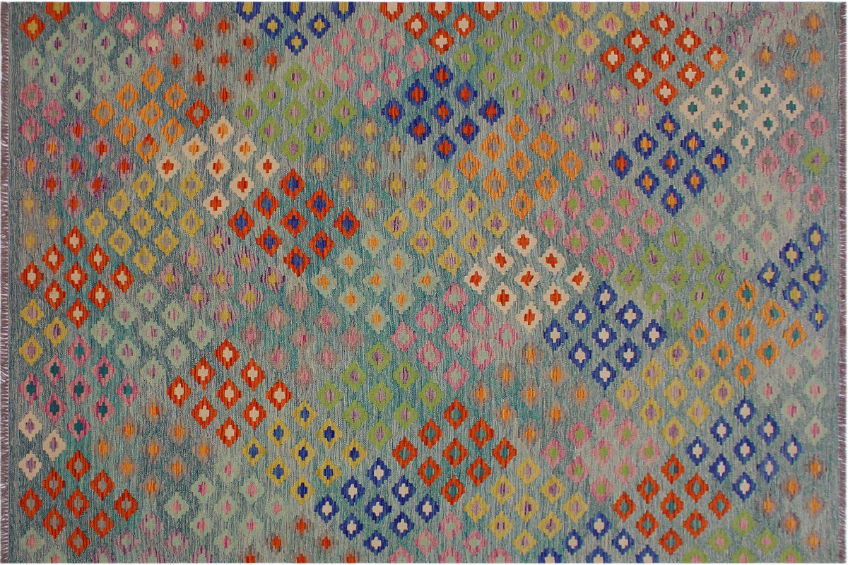 handmade Geometric Kilim Green Orange Hand-Woven RECTANGLE 100% WOOL area rug 7 x 10
