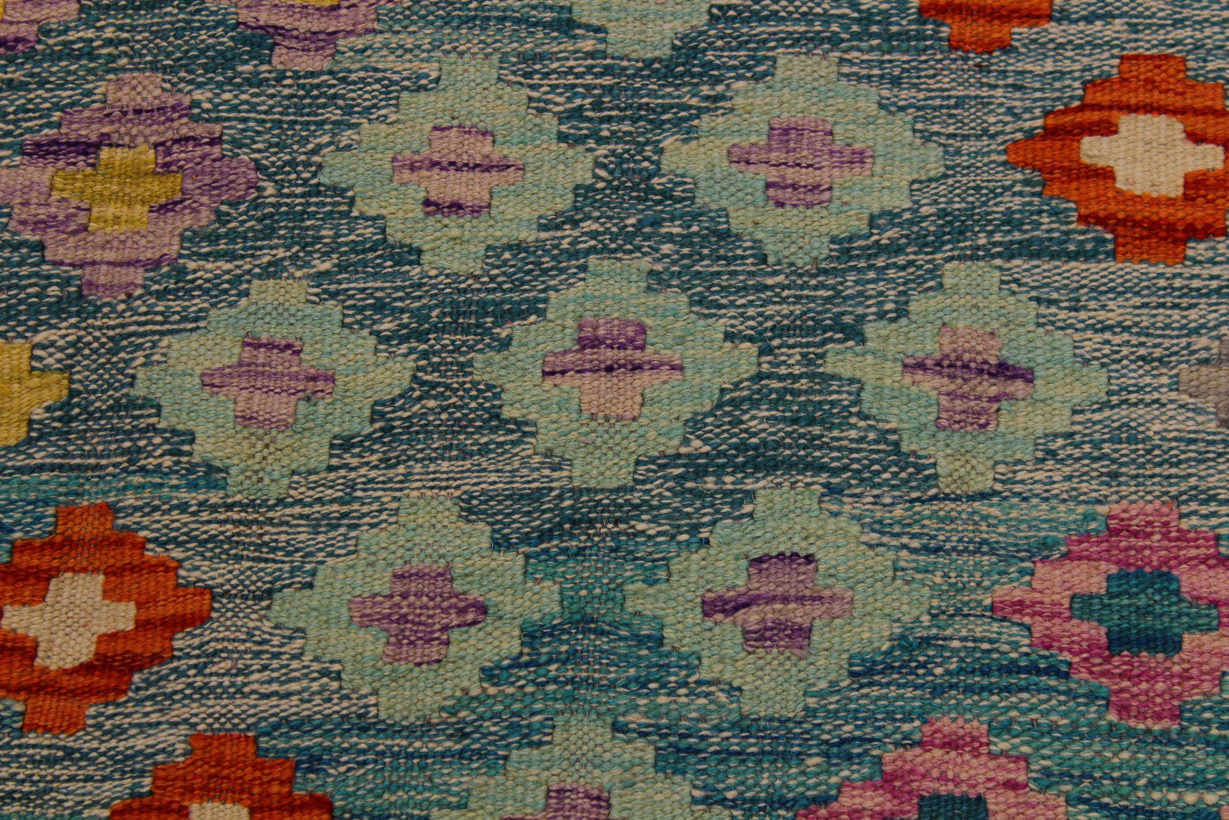 handmade Geometric Kilim Green Orange Hand-Woven RECTANGLE 100% WOOL area rug 7 x 10