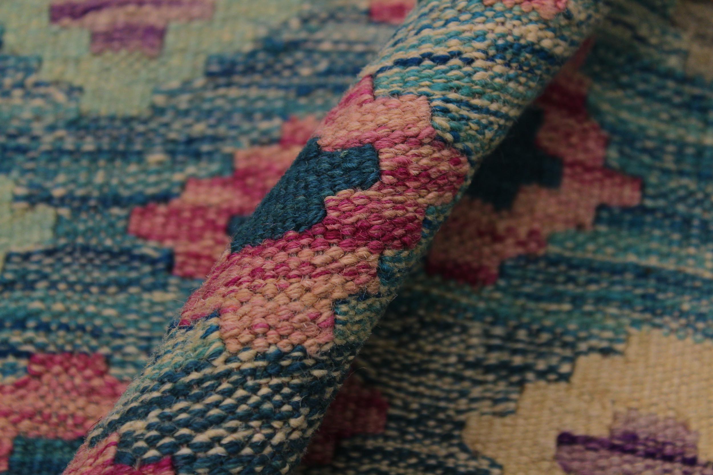 handmade Geometric Kilim Green Orange Hand-Woven RECTANGLE 100% WOOL area rug 7 x 10