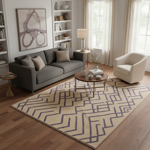 handmade Modern Kilim Beige Purple Hand-Woven RECTANGLE 100% WOOL area rug 7 x 10