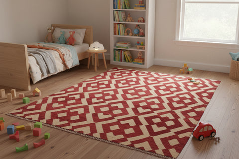 handmade Modern Kilim Red Beige Hand-Woven RECTANGLE 100% WOOL area rug 4 x 6