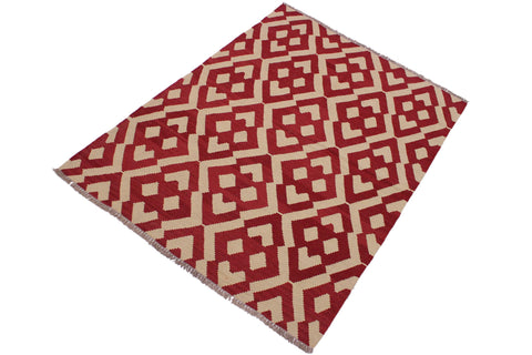 handmade Modern Kilim Red Beige Hand-Woven RECTANGLE 100% WOOL area rug 4 x 6
