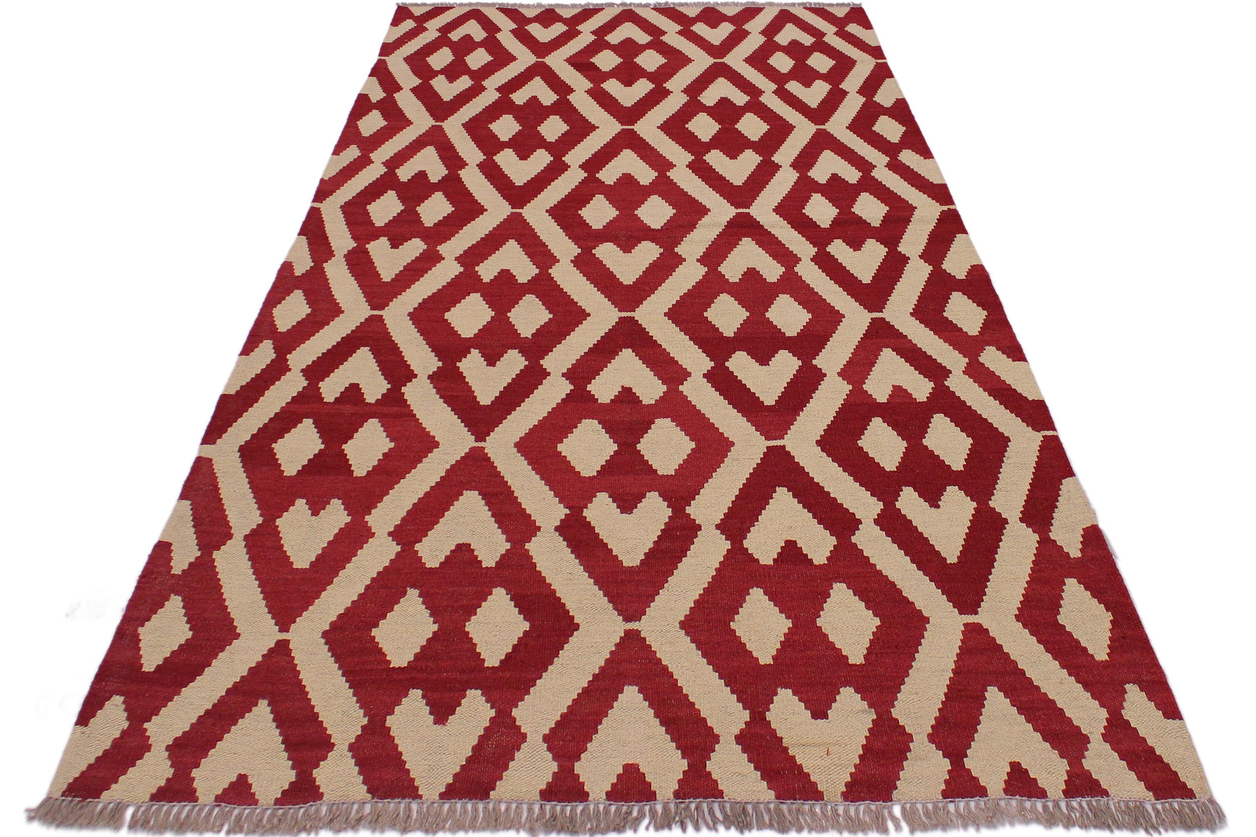 handmade Modern Kilim Red Beige Hand-Woven RECTANGLE 100% WOOL area rug 4 x 6