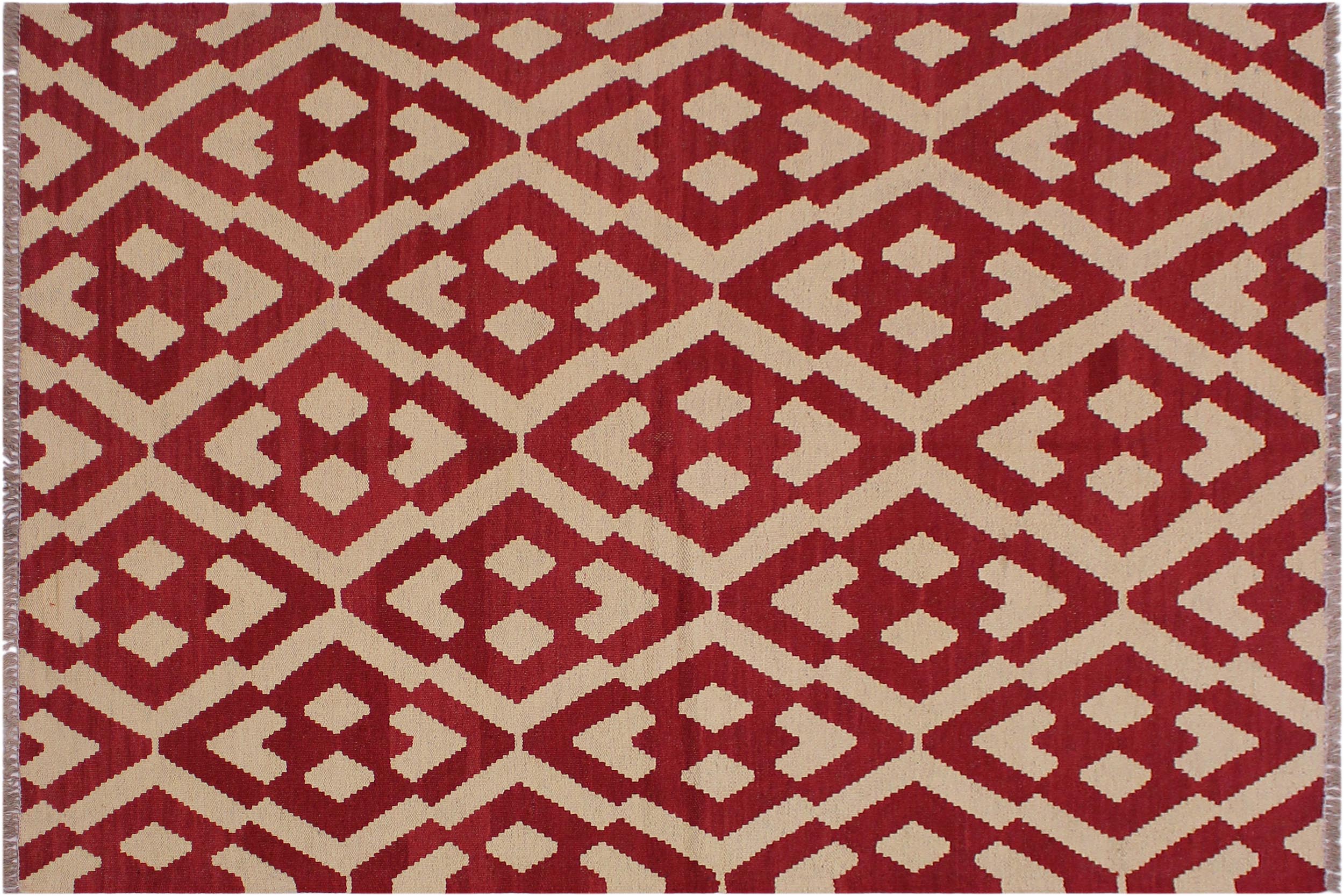 handmade Modern Kilim Red Beige Hand-Woven RECTANGLE 100% WOOL area rug 4 x 6