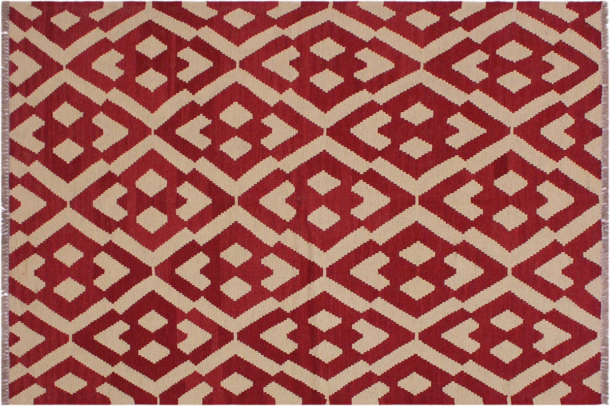 handmade Modern Kilim Red Beige Hand-Woven RECTANGLE 100% WOOL area rug 4 x 6