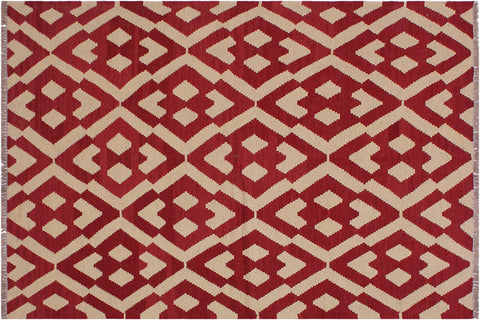 handmade Modern Kilim Red Beige Hand-Woven RECTANGLE 100% WOOL area rug 4 x 6