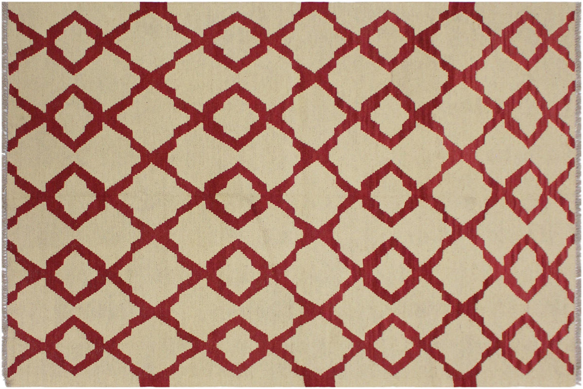 handmade Modern Kilim Beige Red Hand-Woven RECTANGLE 100% WOOL area rug 4 x 6