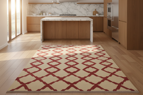 handmade Modern Kilim Beige Red Hand-Woven RECTANGLE 100% WOOL area rug 4 x 6