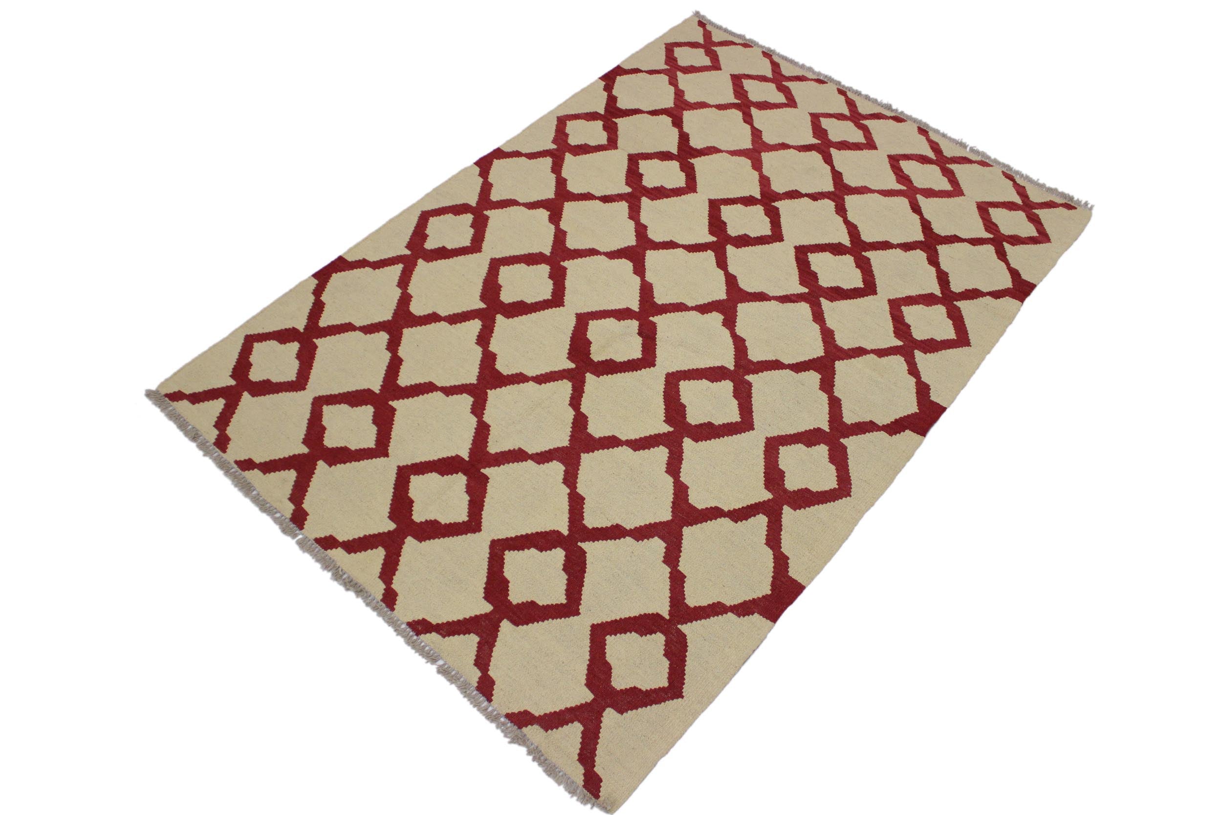 handmade Modern Kilim Beige Red Hand-Woven RECTANGLE 100% WOOL area rug 4 x 6