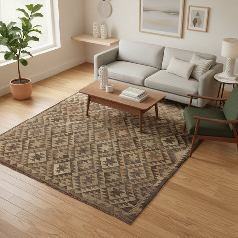 handmade Modern Kilim Gray Brown Hand-Woven RECTANGLE 100% WOOL area rug 6 x 8