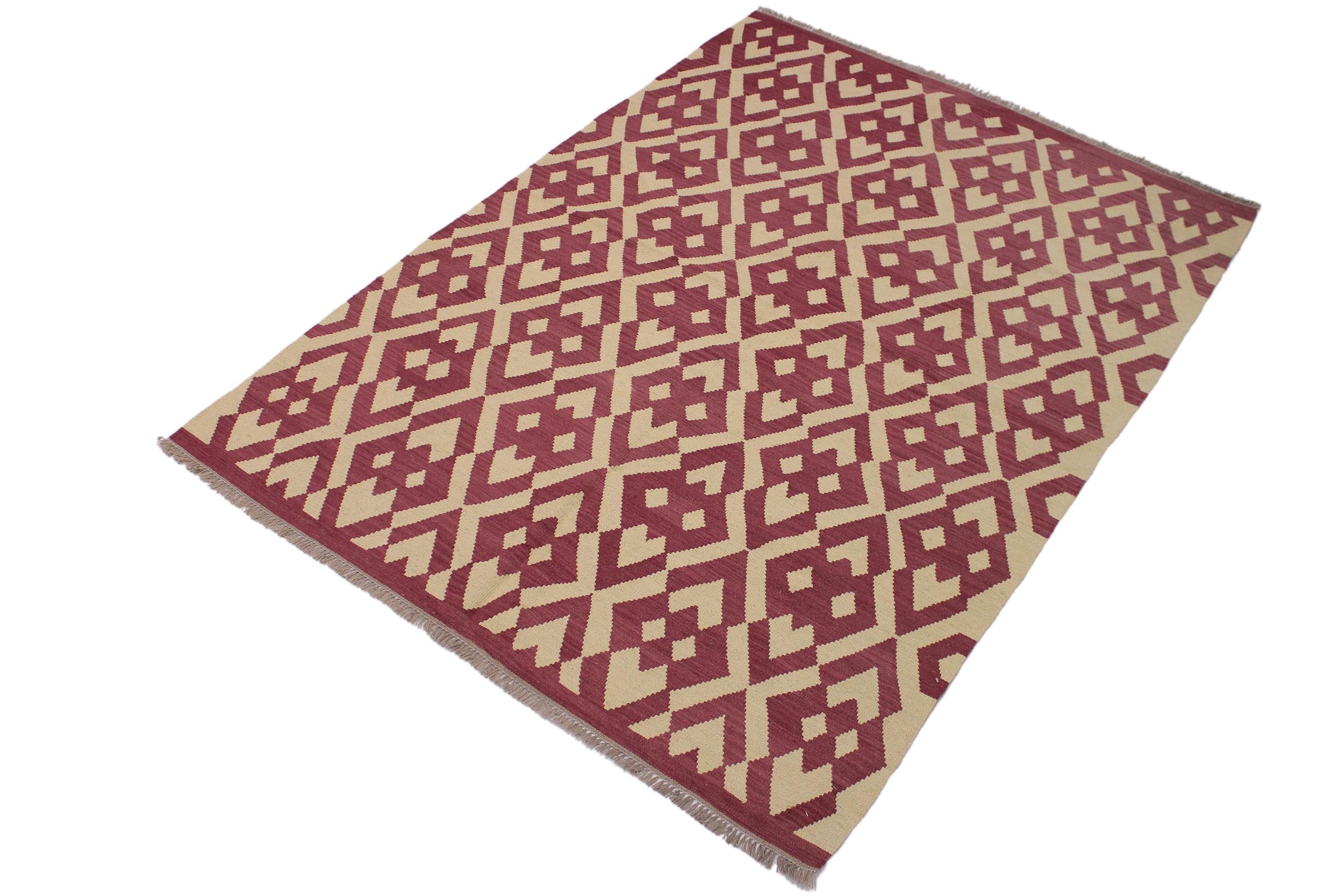 handmade Modern Kilim Burgundy Beige Hand-Woven RECTANGLE 100% WOOL area rug 6 x 8
