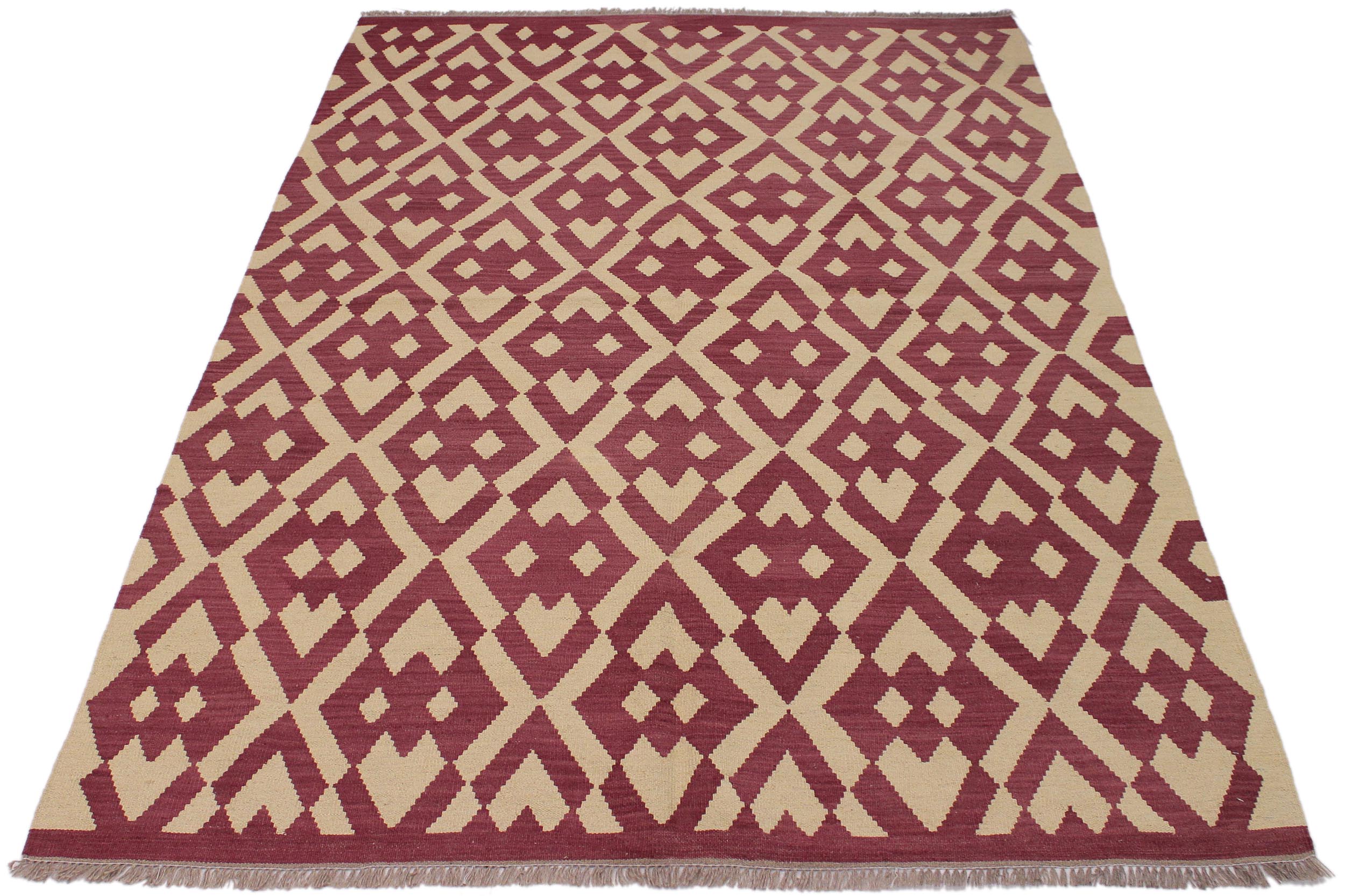 handmade Modern Kilim Burgundy Beige Hand-Woven RECTANGLE 100% WOOL area rug 6 x 8