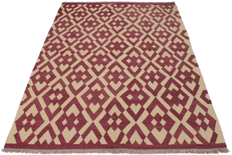 handmade Modern Kilim Burgundy Beige Hand-Woven RECTANGLE 100% WOOL area rug 6 x 8