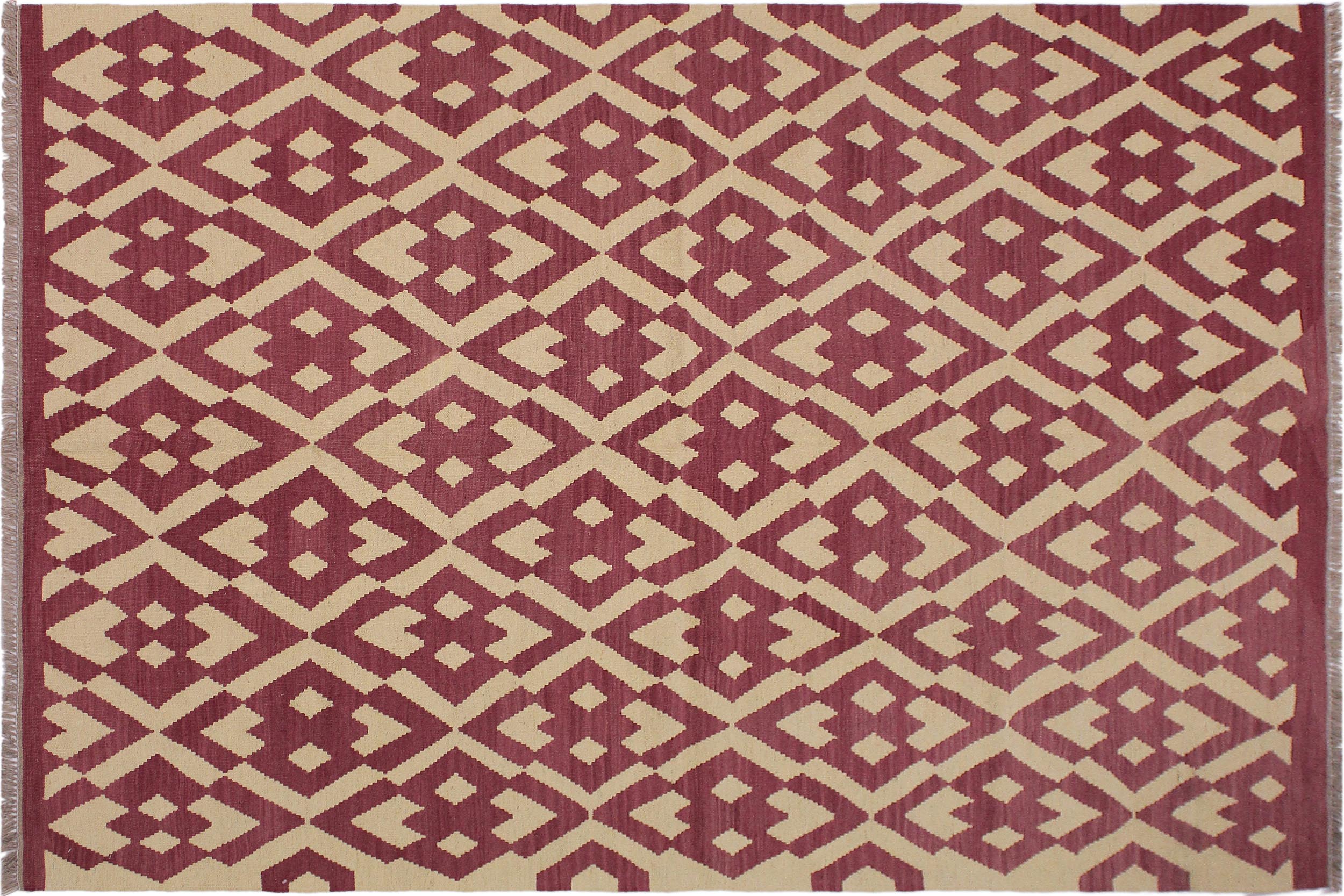 handmade Modern Kilim Burgundy Beige Hand-Woven RECTANGLE 100% WOOL area rug 6 x 8