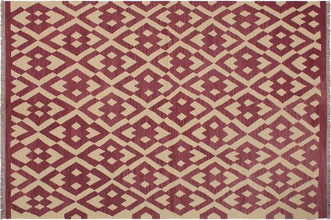handmade Modern Kilim Burgundy Beige Hand-Woven RECTANGLE 100% WOOL area rug 6 x 8