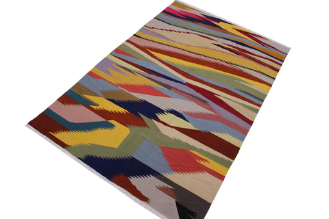 handmade Modern Kilim Gray Blue Hand-Woven RECTANGLE 100% WOOL area rug 6x9