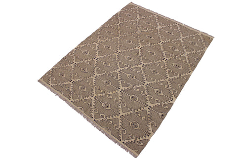handmade Modern Kilim Gray Tan Hand-Woven RECTANGLE 100% WOOL area rug 6 x 8