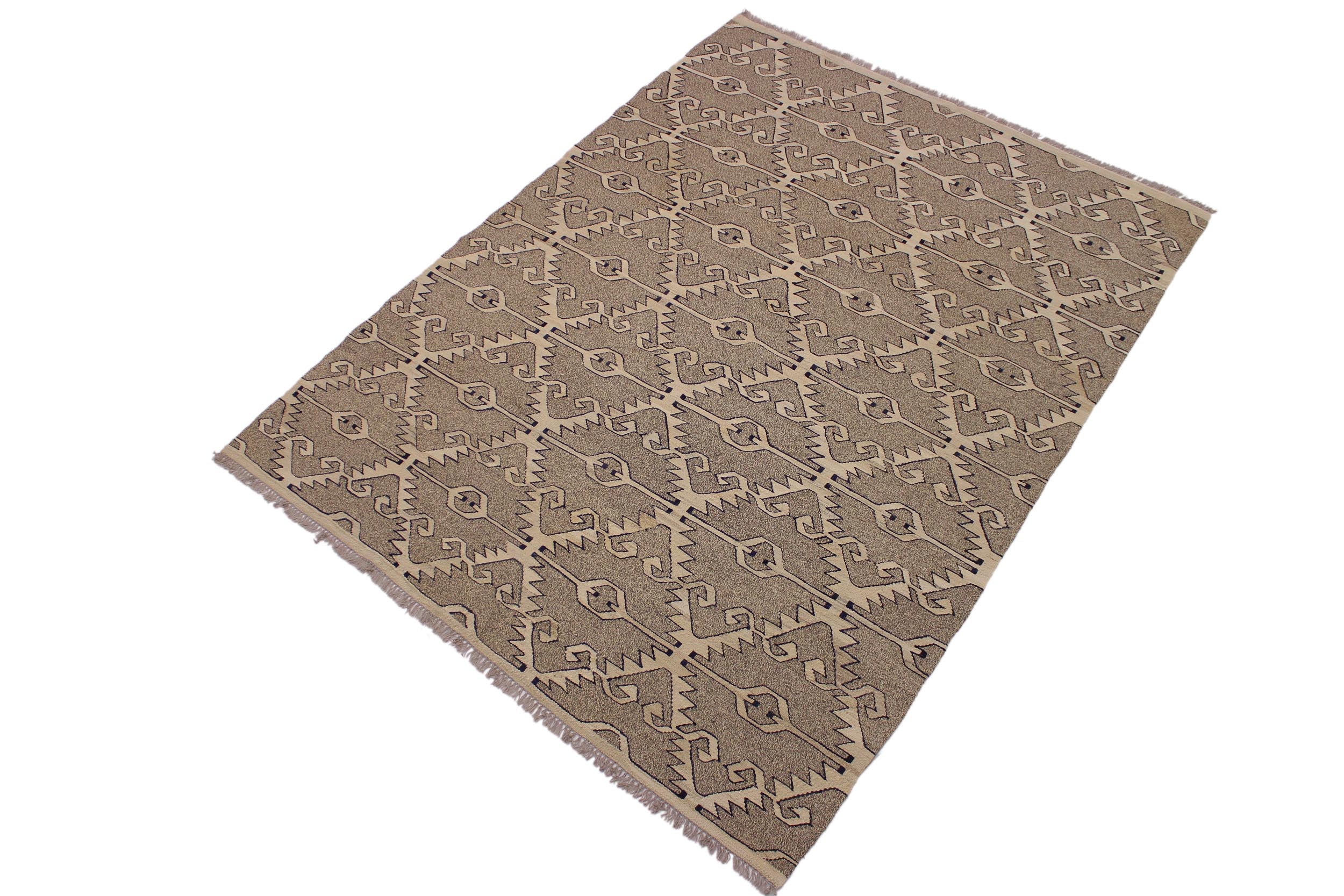 handmade Modern Kilim Gray Tan Hand-Woven RECTANGLE 100% WOOL area rug 6 x 8
