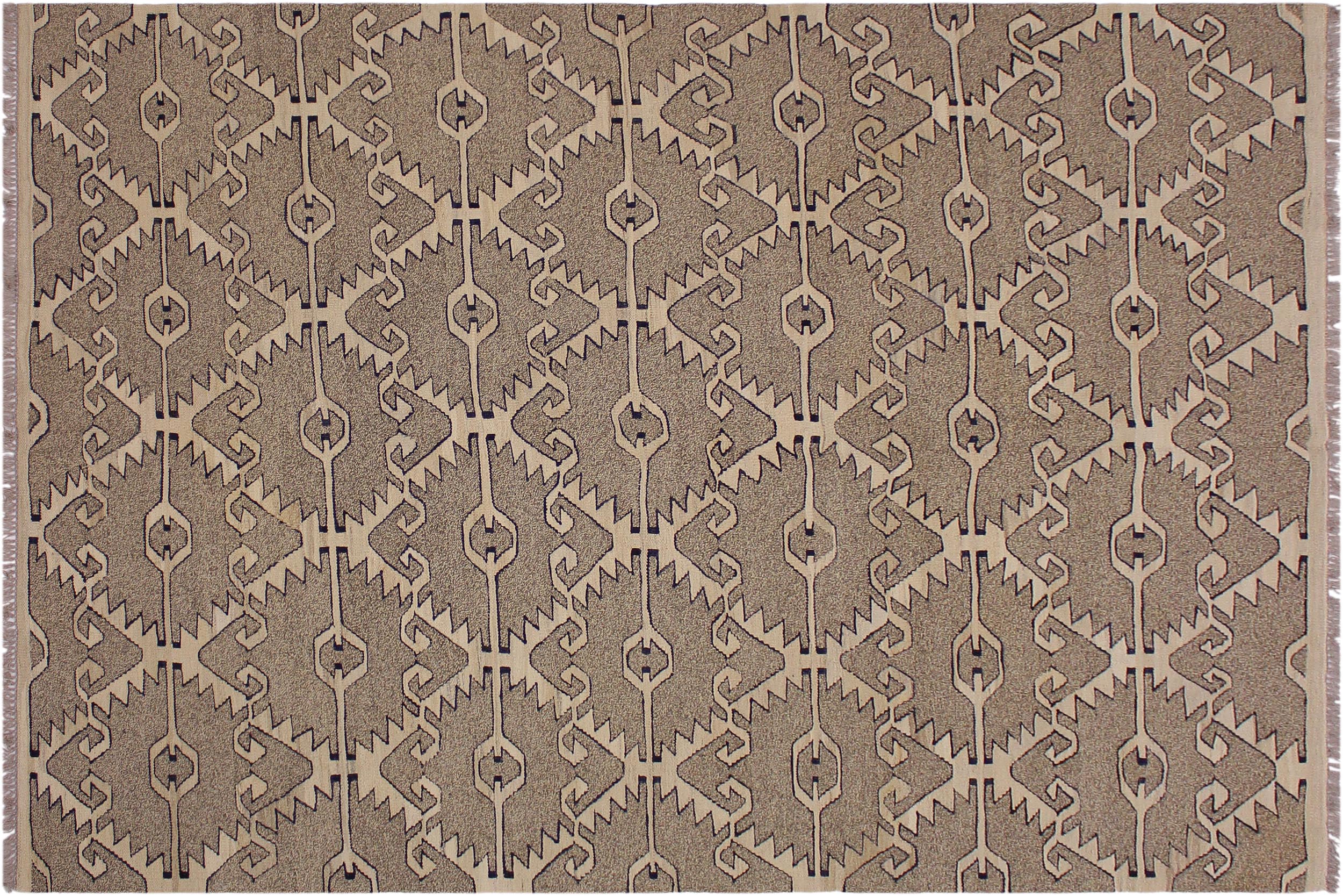 handmade Modern Kilim Gray Tan Hand-Woven RECTANGLE 100% WOOL area rug 6 x 8