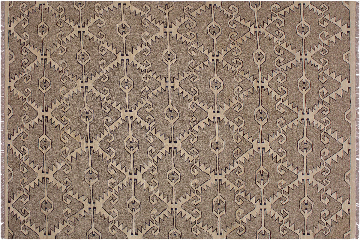 handmade Modern Kilim Gray Tan Hand-Woven RECTANGLE 100% WOOL area rug 6 x 8