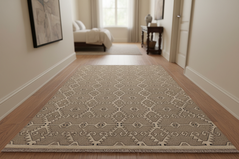 handmade Modern Kilim Gray Tan Hand-Woven RECTANGLE 100% WOOL area rug 6 x 8