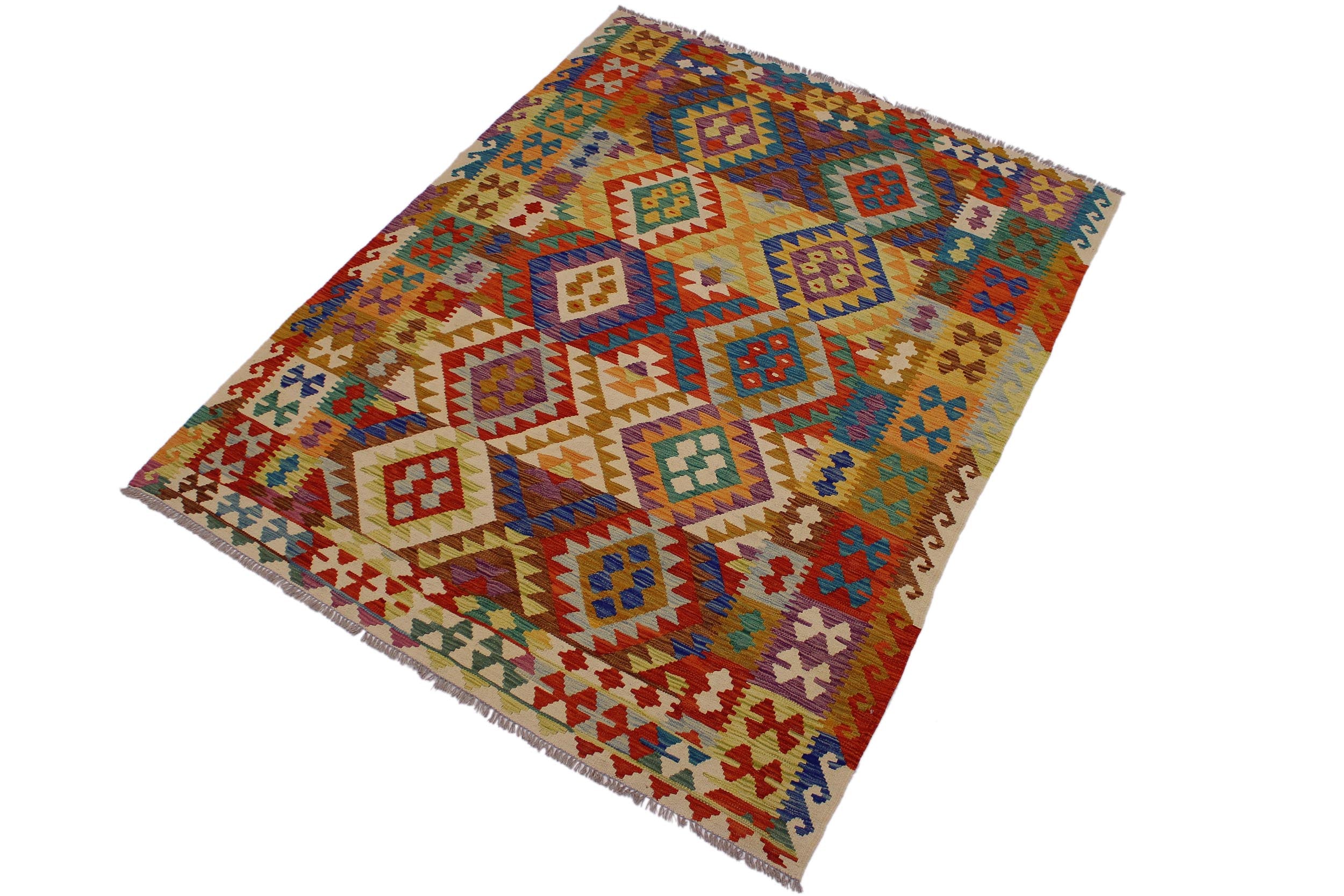 handmade Geometric Kilim Beige Rust Hand-Woven RECTANGLE 100% WOOL area rug 6 x 8