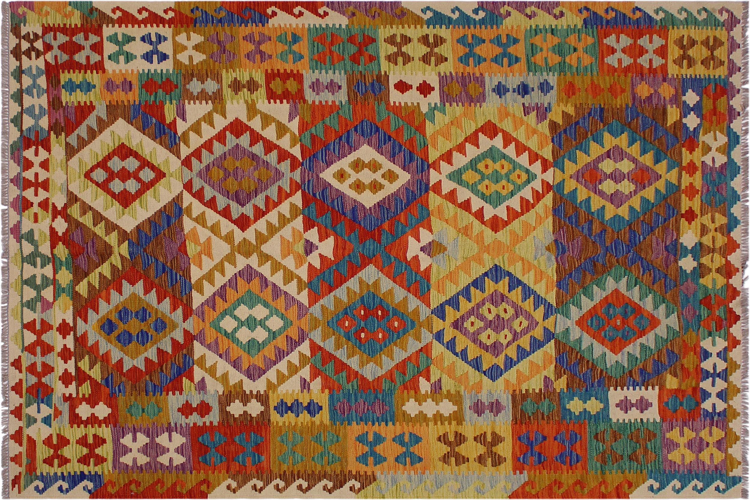 handmade Geometric Kilim Beige Rust Hand-Woven RECTANGLE 100% WOOL area rug 6 x 8