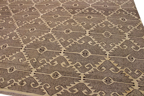 handmade Modern Kilim Drk. Gray Ivory Hand-Woven RECTANGLE 100% WOOL area rug 10 x 14