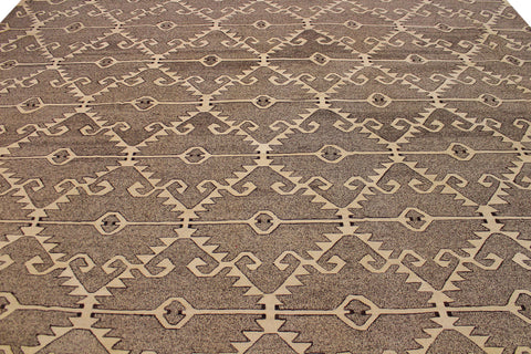 handmade Modern Kilim Drk. Gray Ivory Hand-Woven RECTANGLE 100% WOOL area rug 10 x 14