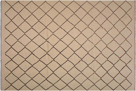 handmade Modern Kilim Tan Black Hand-Woven RECTANGLE 100% WOOL area rug 10 x 13
