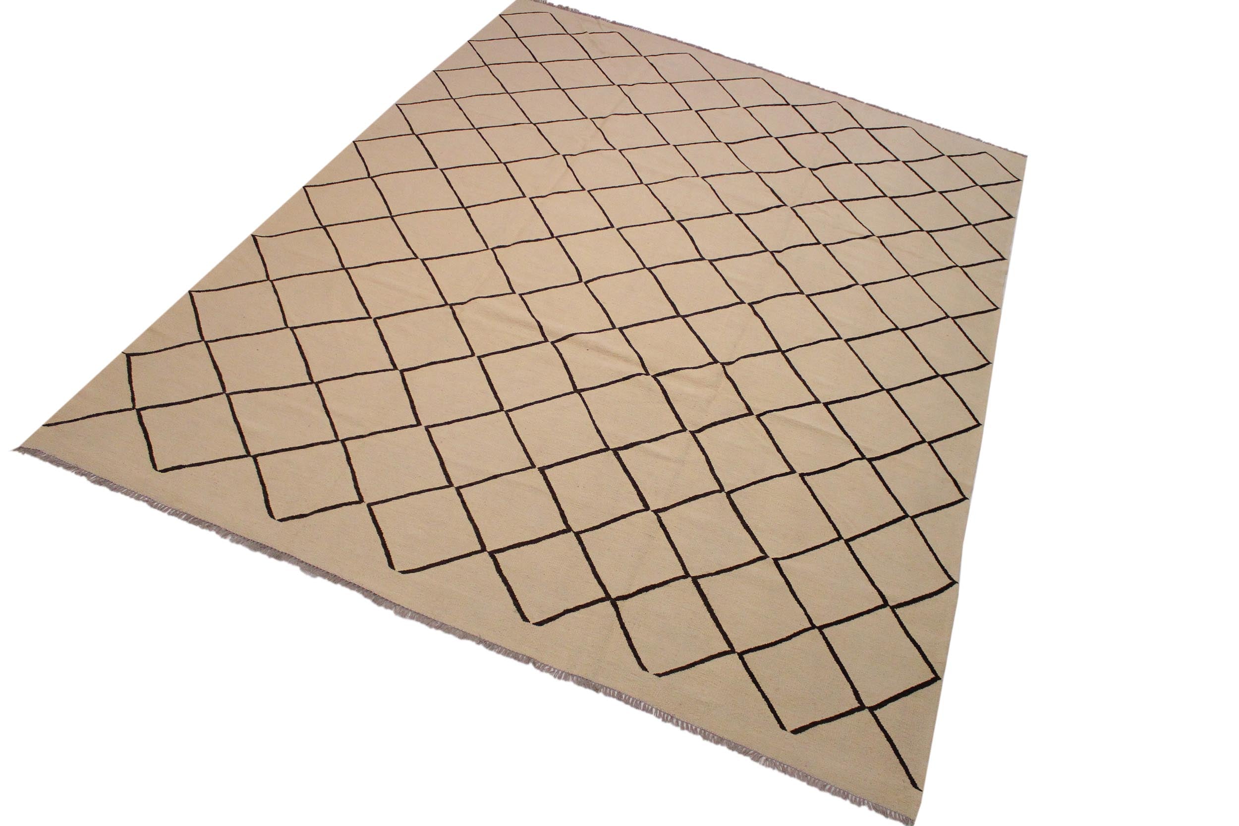 handmade Modern Kilim Tan Black Hand-Woven RECTANGLE 100% WOOL area rug 10 x 13