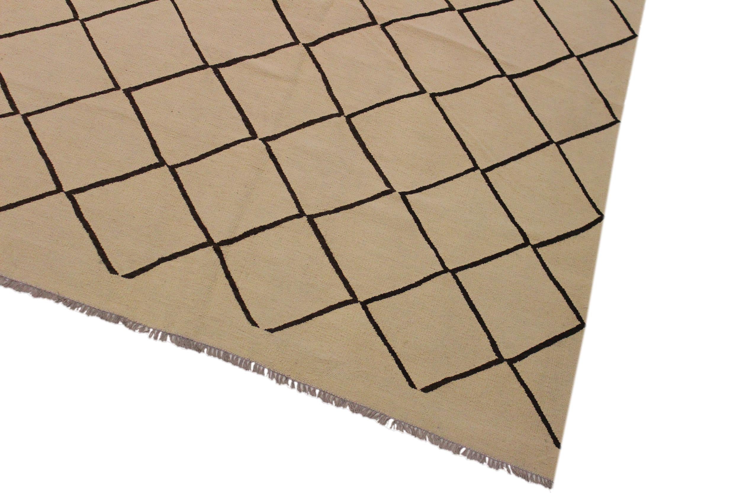 handmade Modern Kilim Tan Black Hand-Woven RECTANGLE 100% WOOL area rug 10 x 13