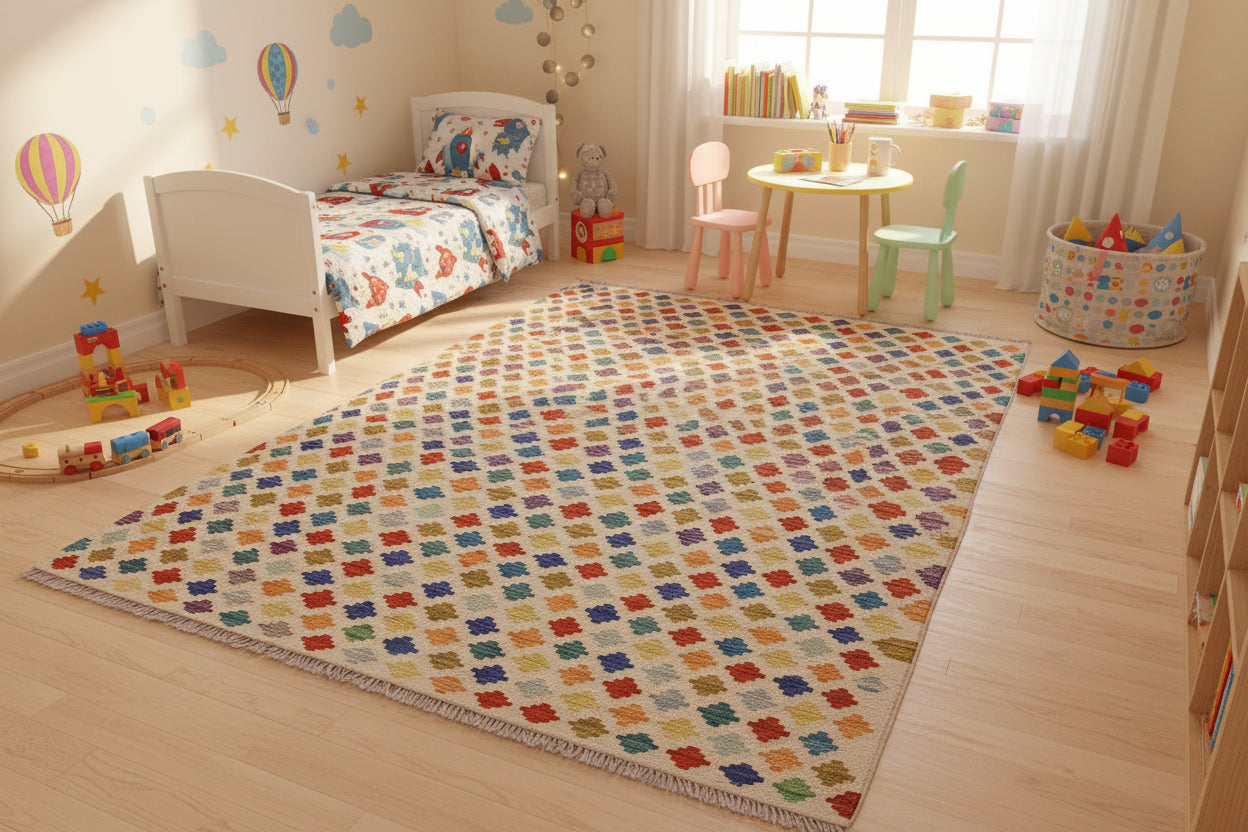 handmade Modern Kilim Beige Blue Hand-Woven RECTANGLE 100% WOOL area rug 5x8