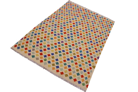 handmade Modern Kilim Beige Blue Hand-Woven RECTANGLE 100% WOOL area rug 5x8