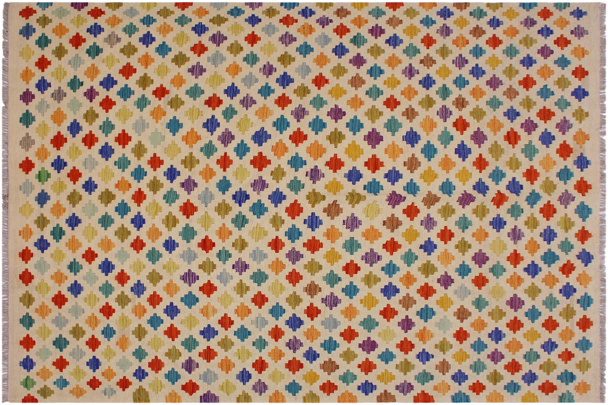handmade Modern Kilim Beige Blue Hand-Woven RECTANGLE 100% WOOL area rug 5x8