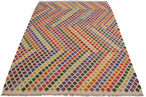 handmade Modern Kilim Beige Blue Hand-Woven RECTANGLE 100% WOOL area rug 6x8