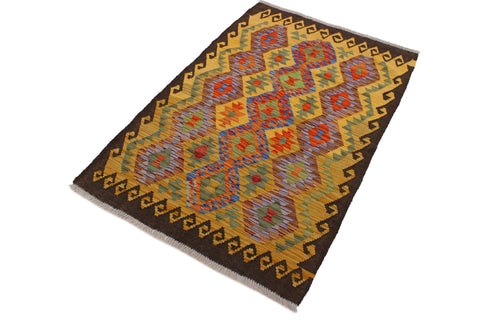 handmade Geometric Kilim Brown Gold Hand-Woven RECTANGLE 100% WOOL area rug 3 x 5